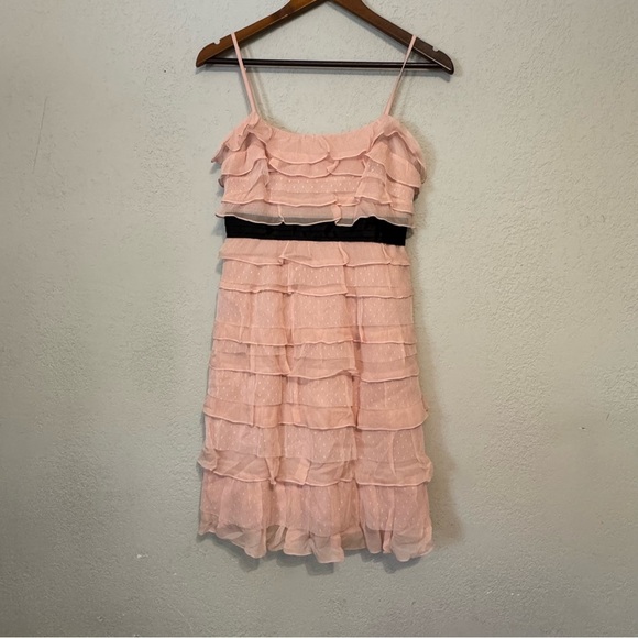 Women's BCBGMaxAzria Soft Ballet Pink Dress with Ruffles & Black Waistband - Picture 2 of 14